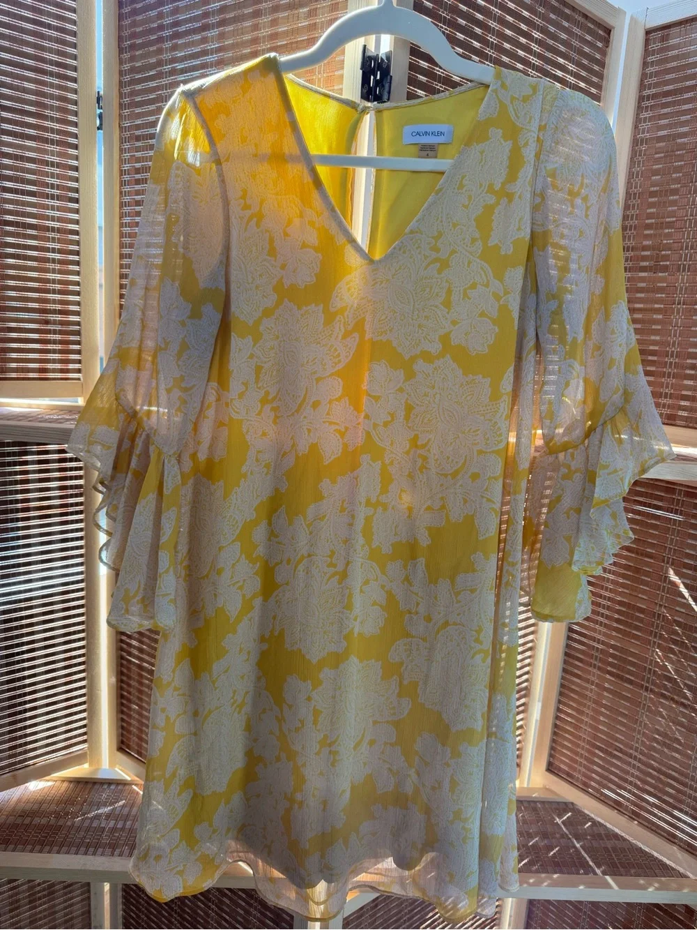 Calvin Klein Yellow and White Floral V-Neck Mini Dress N0357